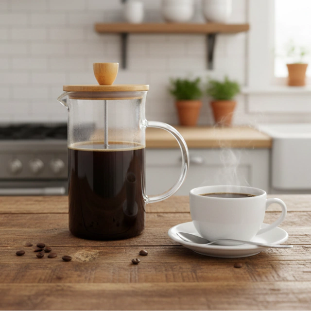 Cafeteira prensa francesa com tampa de bambu