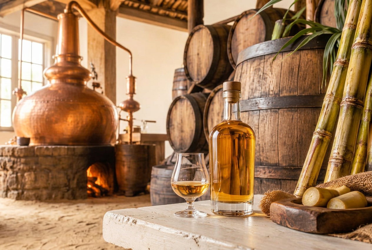 Alambique de cobre e barris de madeira na produção artesanal de cachaça